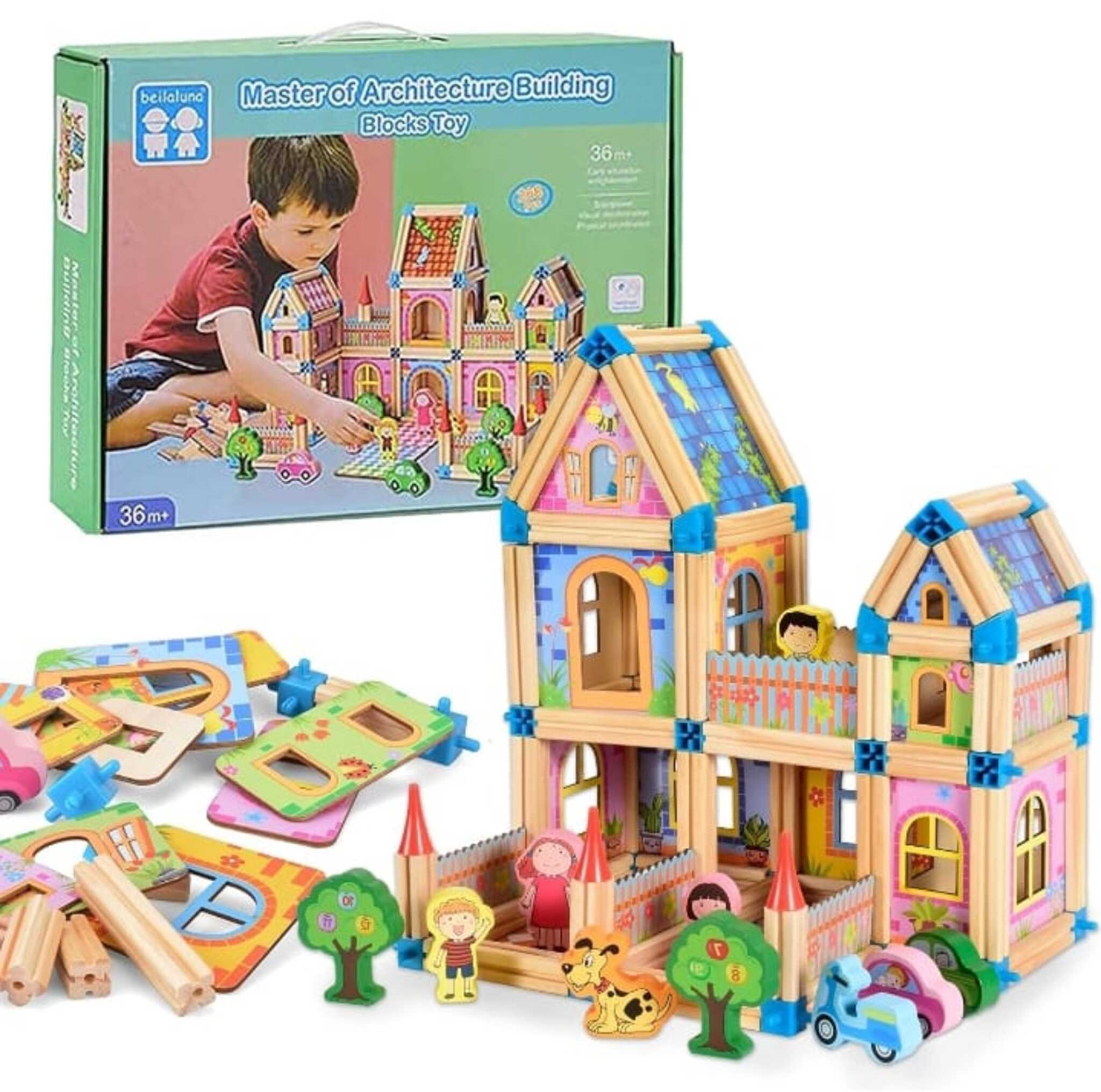 Wooden Doll House and Castle Building Set with Cars (268 Pieces)