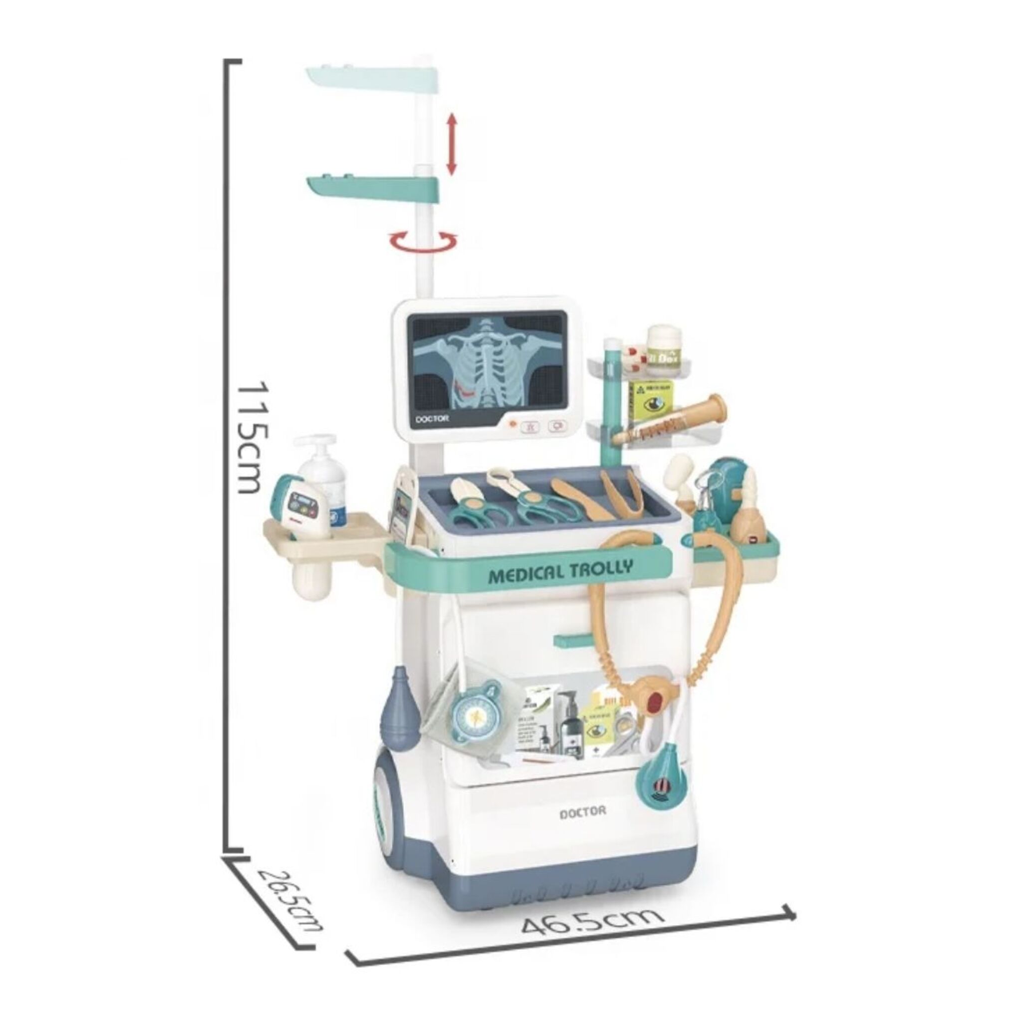 لعبة ترولي الطبيب المتنقل مع الابرة وميزان الحرارة والشاشة والمناظير (٢٦ قطعة)