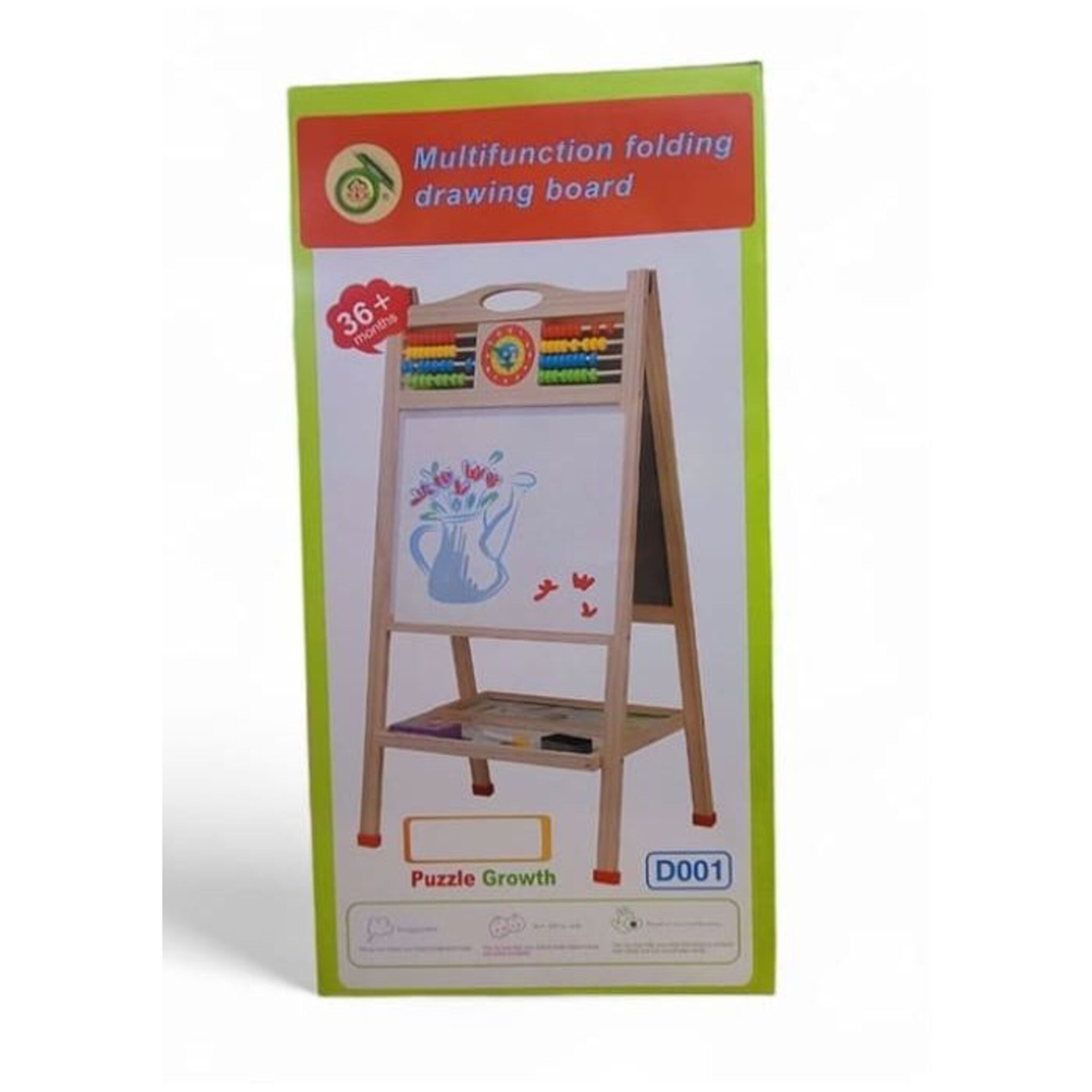Double-Sided Wooden Foldable Drawing Board with Educational Clock and Abacus