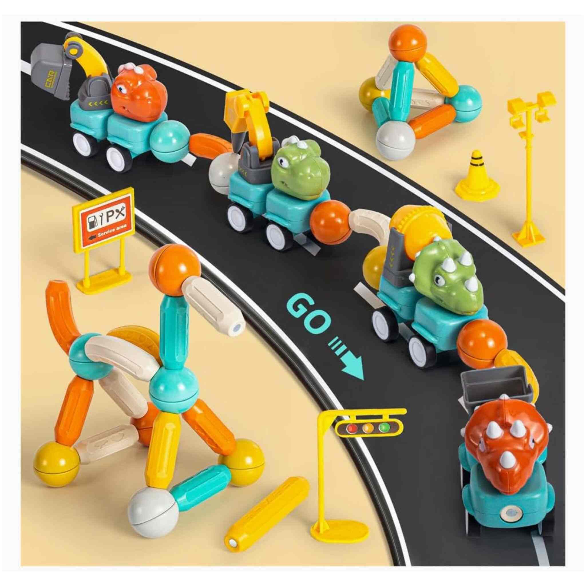 DIY Magnetic Blocks Dinosaur Car and Truck Building Kit (84 Pieces)