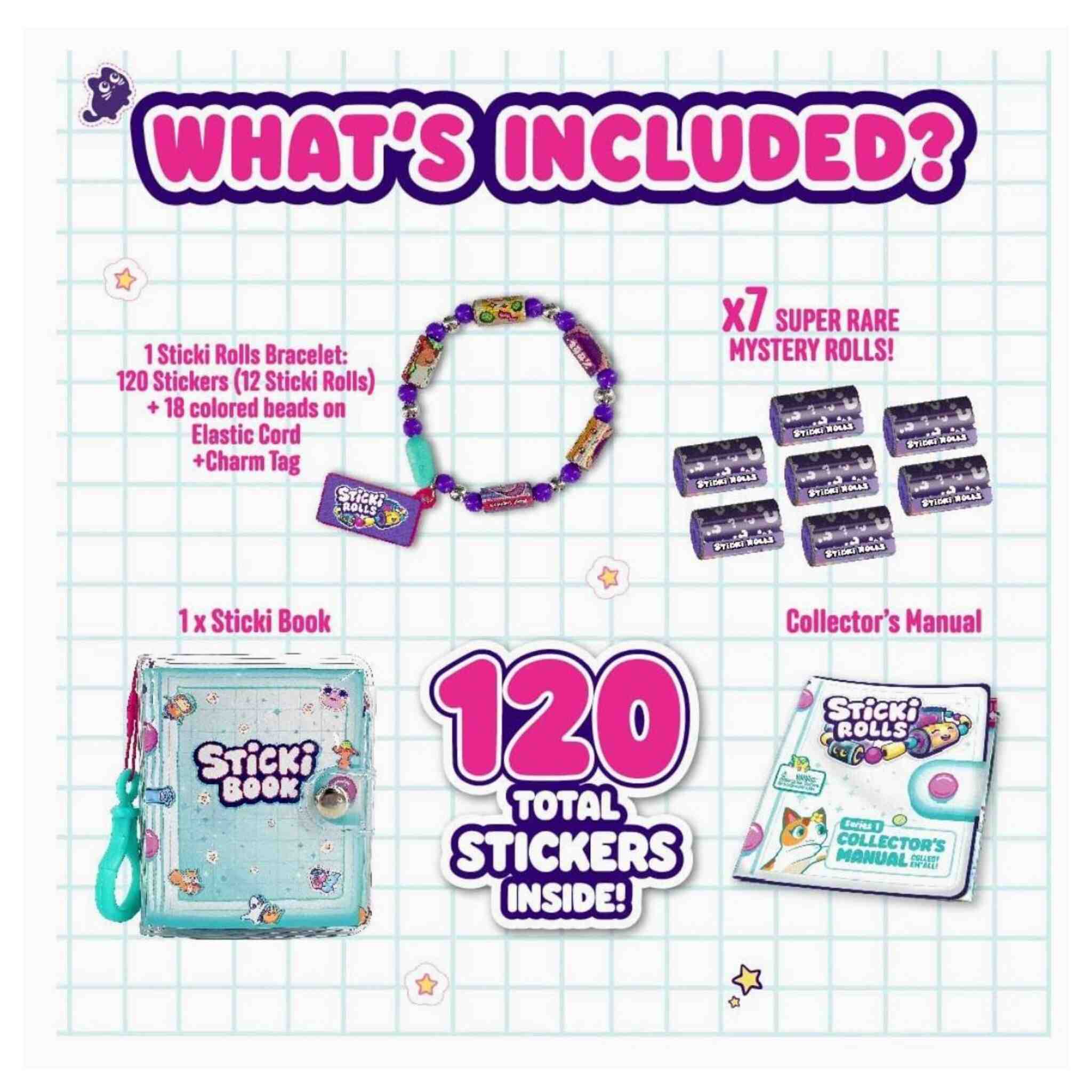 DIY Sticki Rolls Sticker Book with Wearable Sharable Colorful Bracelet and 120 Mini Stickers