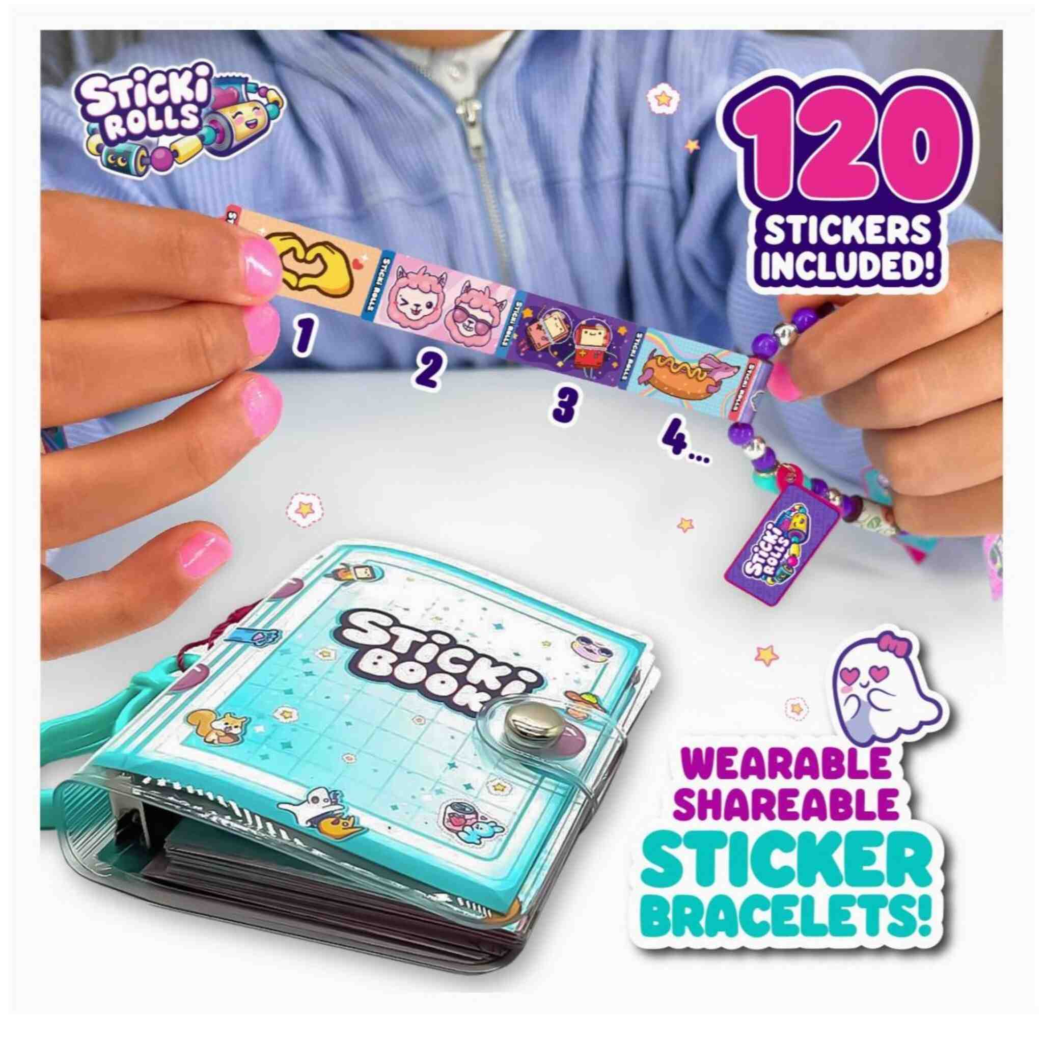 DIY Sticki Rolls Sticker Book with Wearable Sharable Colorful Bracelet and 120 Mini Stickers