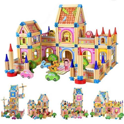 Wooden Doll House and Castle Building Set with Cars (268 Pieces)