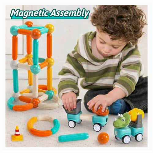 DIY Magnetic Blocks Dinosaur Car and Truck Building Kit (84 Pieces)