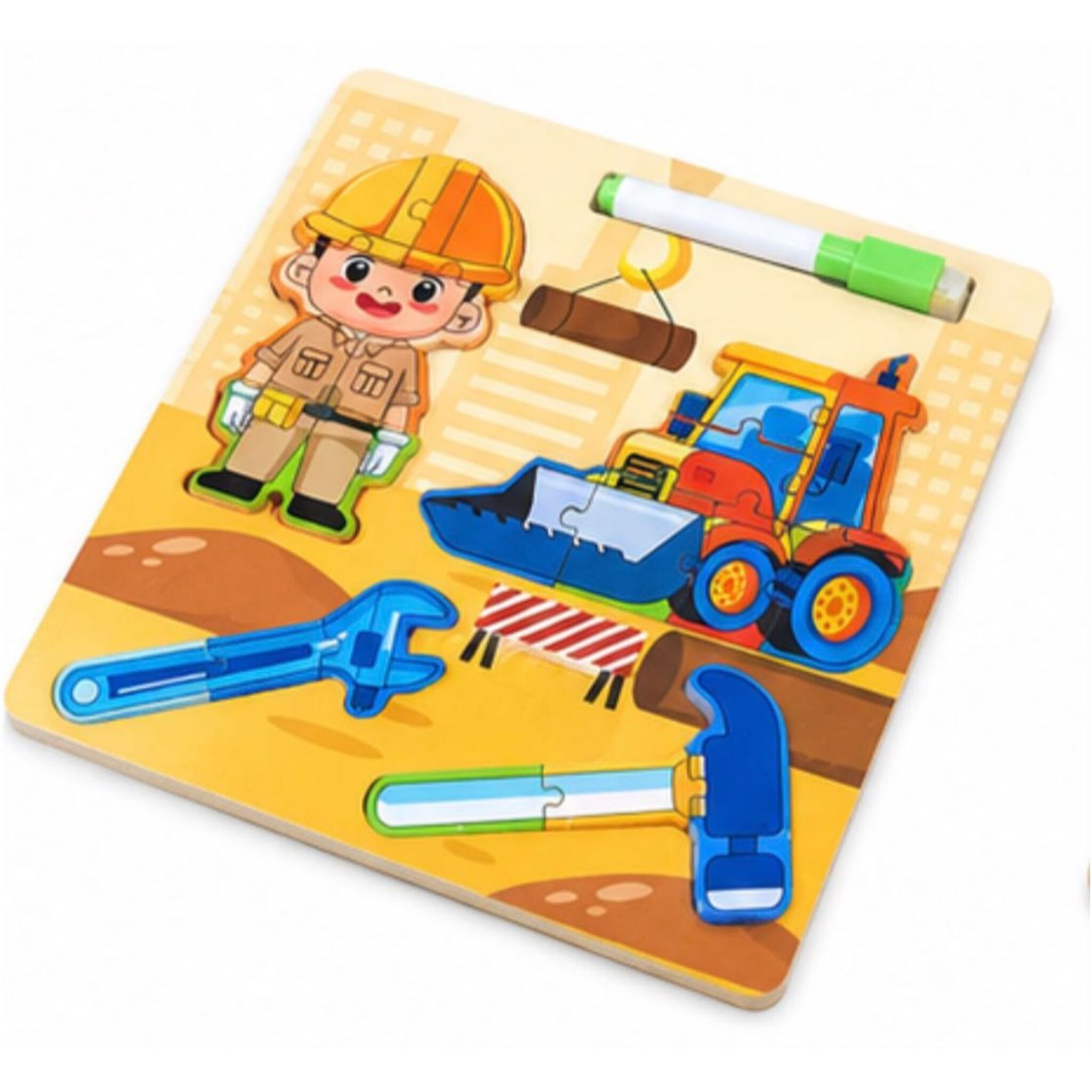 Wooden Puzzle Board (Construction Tools) with Write-and-Erase Pen