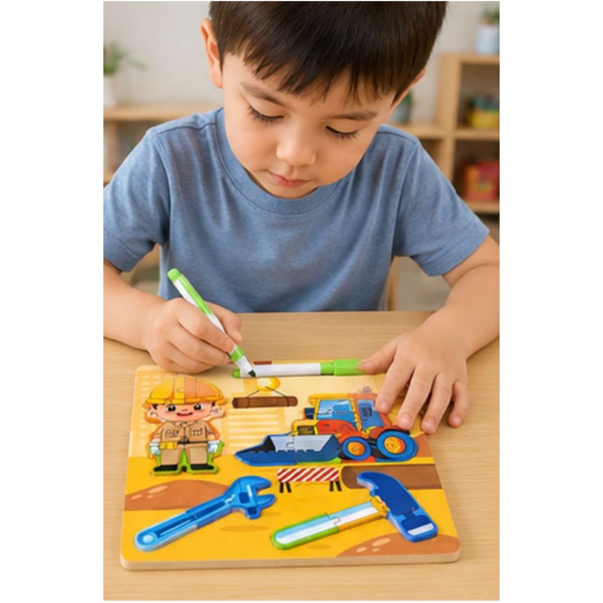 Wooden Puzzle Board (Construction Tools) with Write-and-Erase Pen