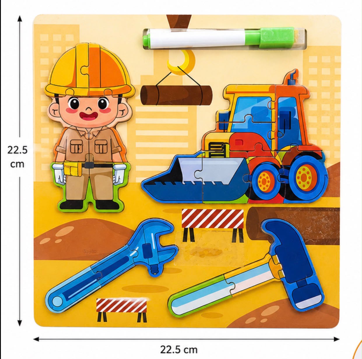 Wooden Puzzle Board (Construction Tools) with Write-and-Erase Pen