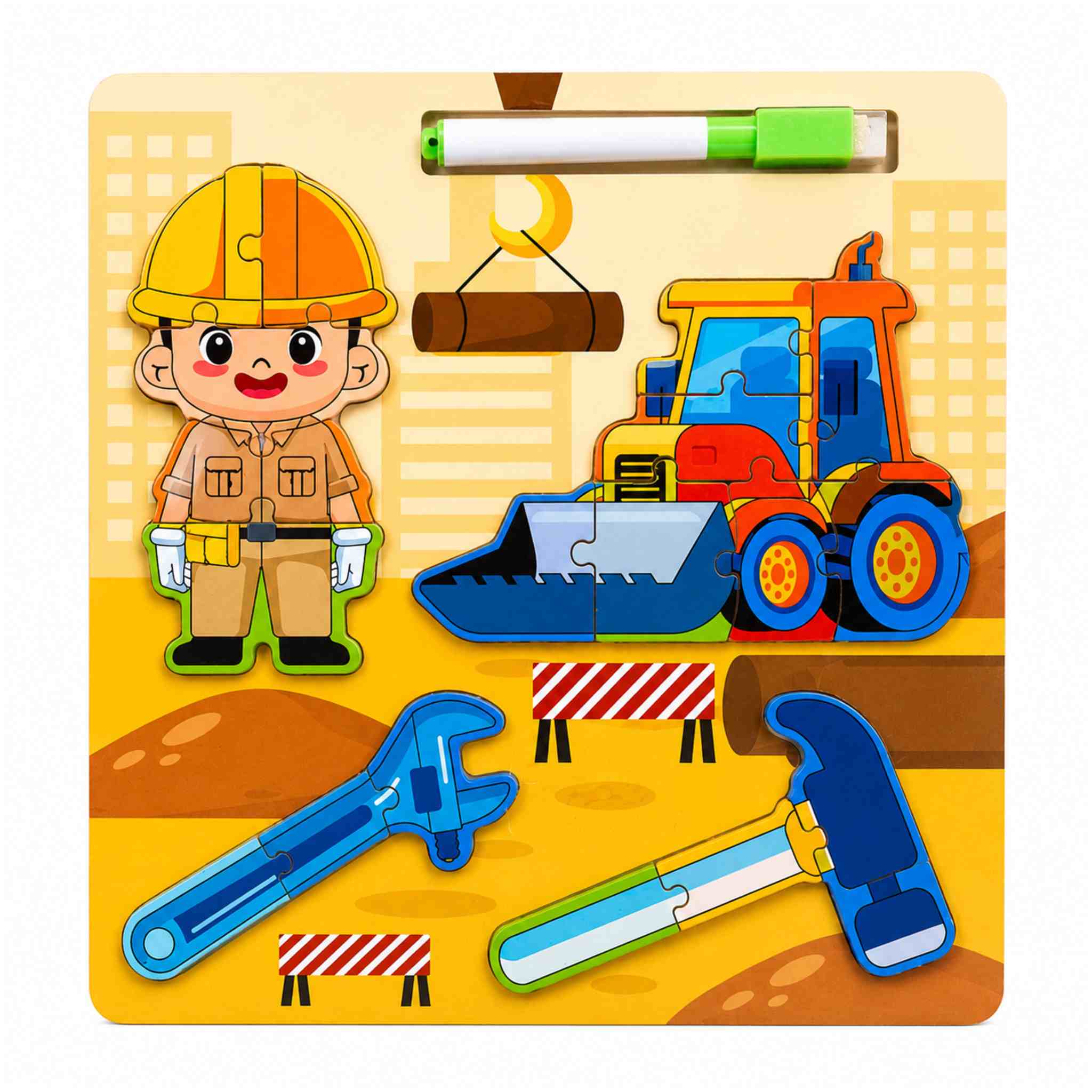 Wooden Puzzle Board (Construction Tools) with Write-and-Erase Pen