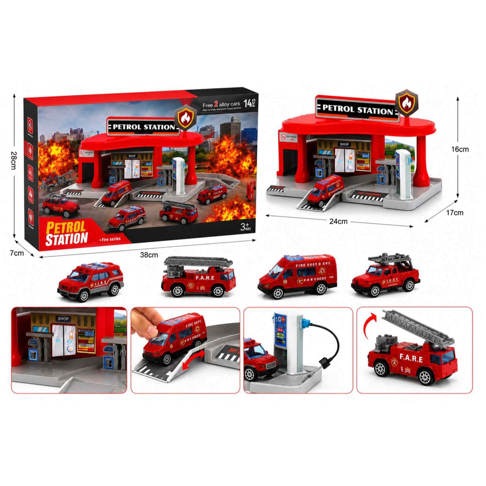 Gas and Fire Station with Fire Truck and Cars (14 pieces)
