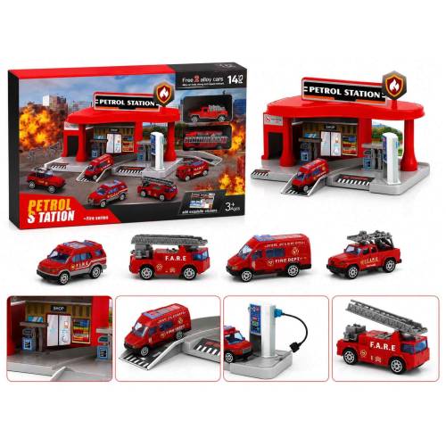 Gas and Fire Station with Fire Truck and Cars (14 pieces)