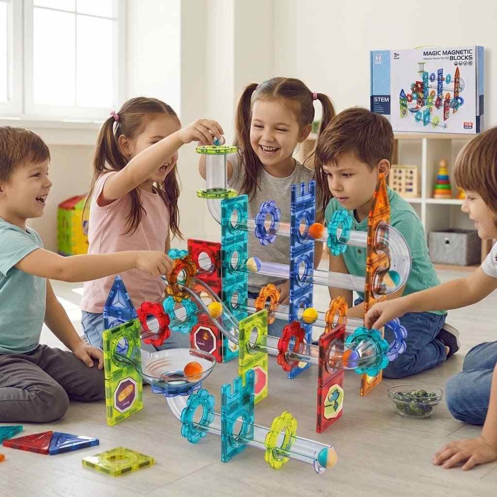 STEM Educational Magnetic Building Blocks and Spiral Marble Run Set - 113 Pieces