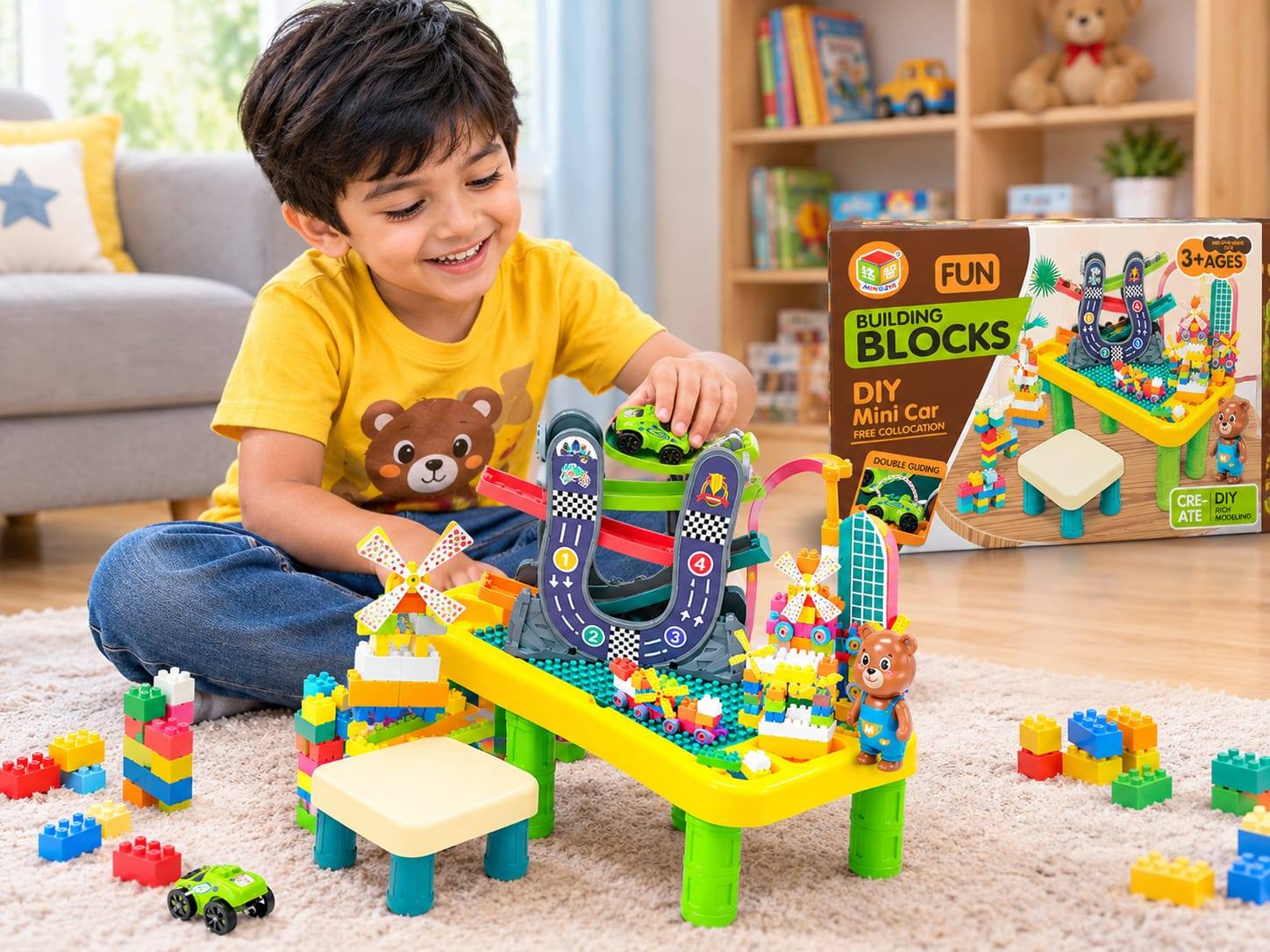 DIY Building Blocks Table with Car Track and Seat